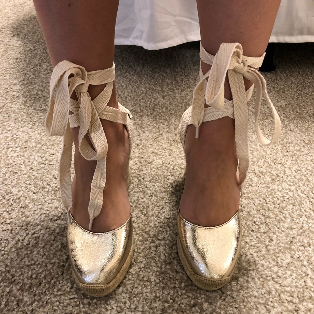Soludos Metallic Gold Espadrilles with Beige Laces
